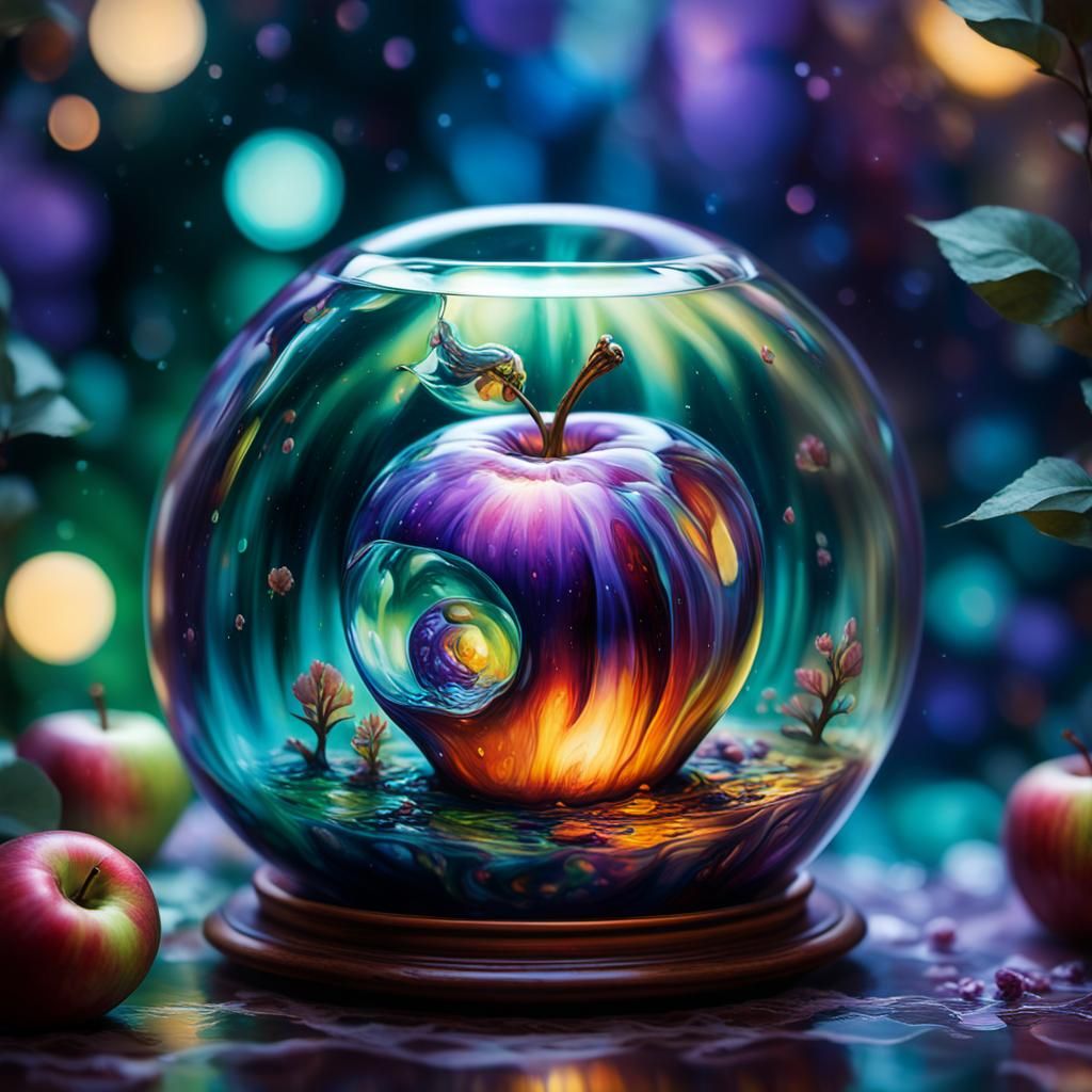 Surreal Apple Reflection in Oil Painting Style