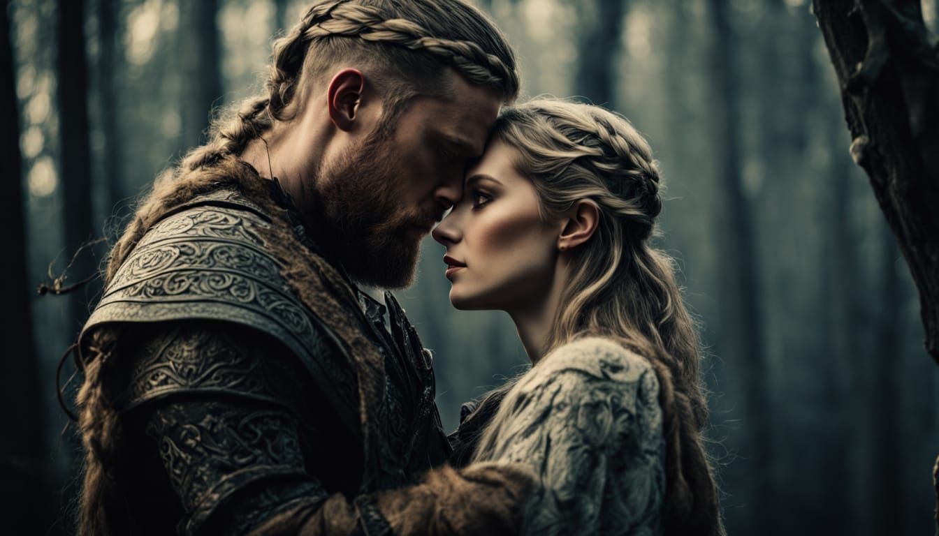 Viking Warrior Cradles Elegant Woman in Lush Forest