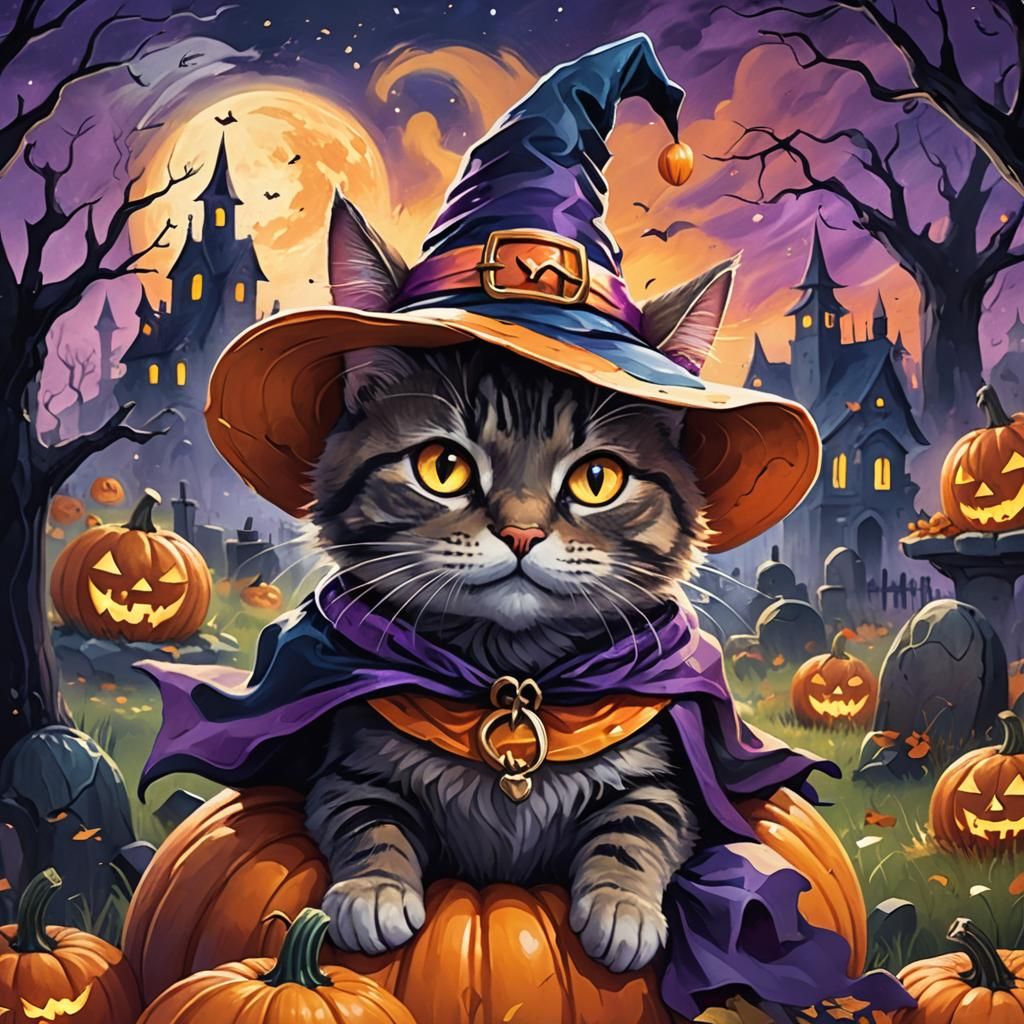 Halloween Cat in Graveyard: Whimsical Digital Art