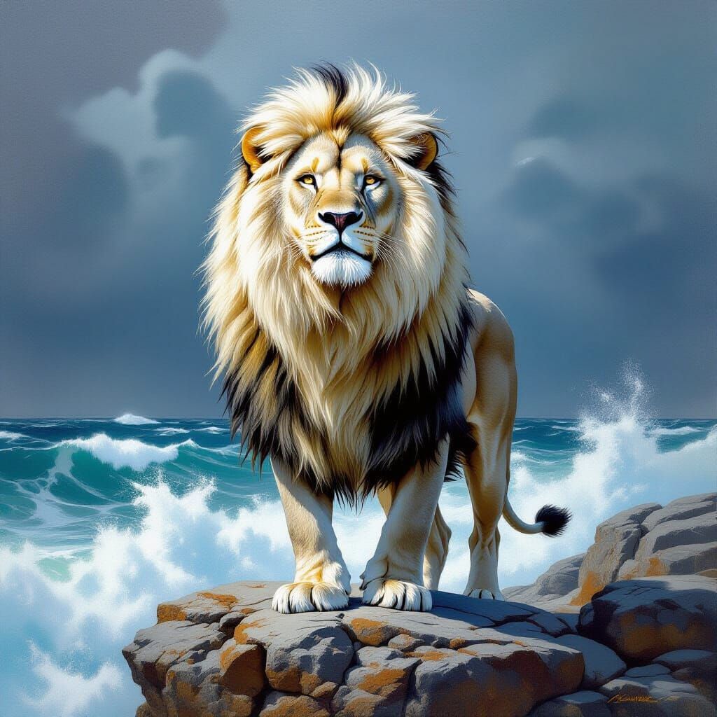 Majestic White Lion Overlooking Stormy Sea
