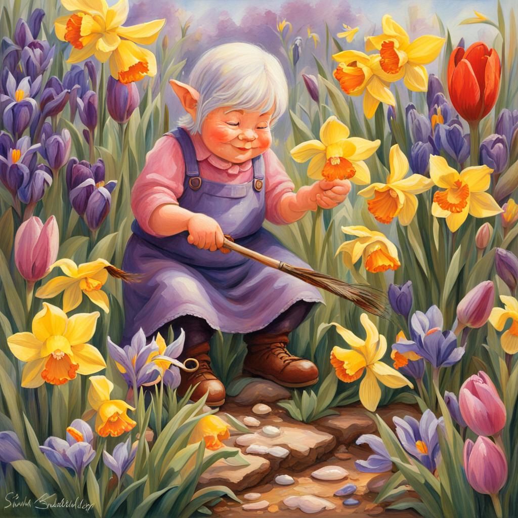 Whimsical Fairy Paints Spring Flowers in Sunlight