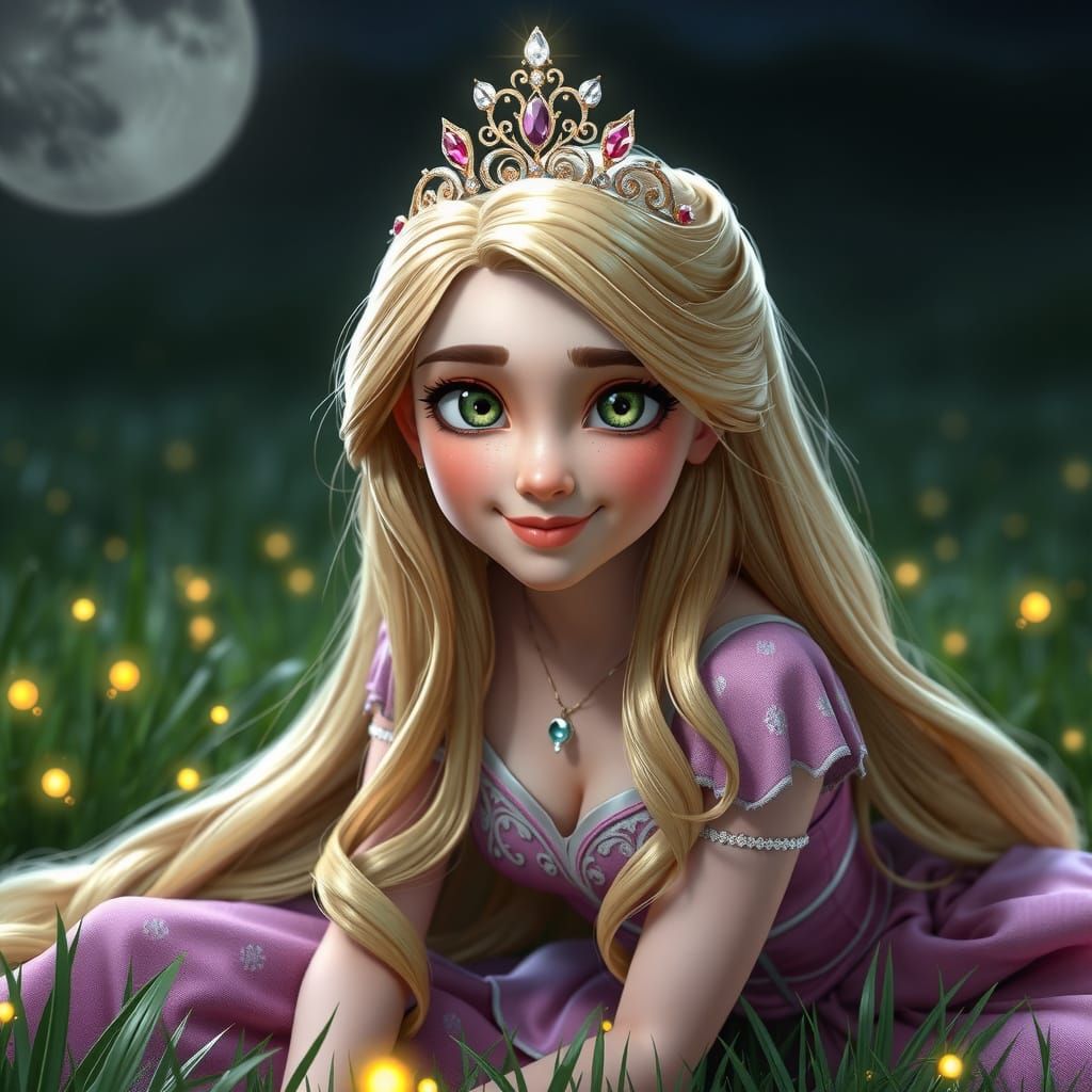 Rapunzel Portrait with Fireflies, Digital Art