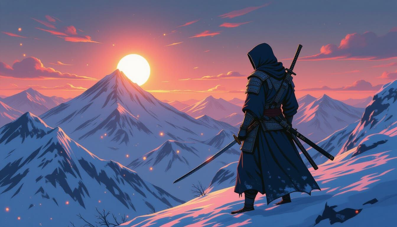 Hooded Samurai Sunrise: Cel-Shaded Anime Art