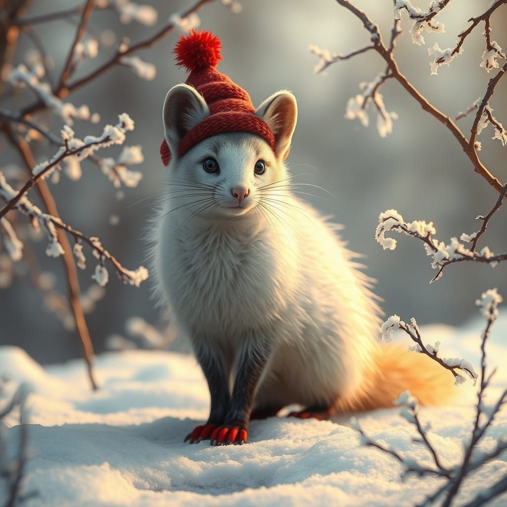 Ermine in Crimson Hat and Scarlet Shoe, Majestic in Snowy Wo...