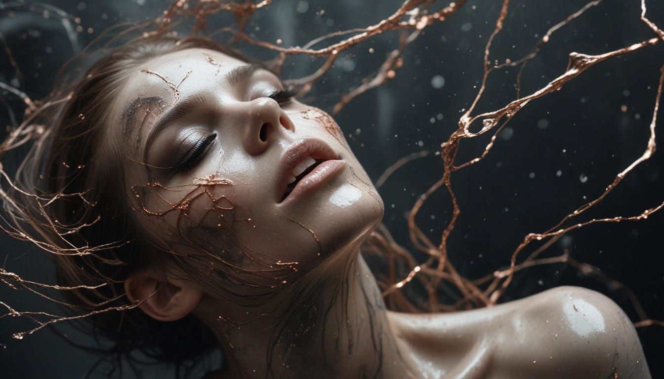 Ethereal Chaos: Woman in Eerie Rose Gold Sparks