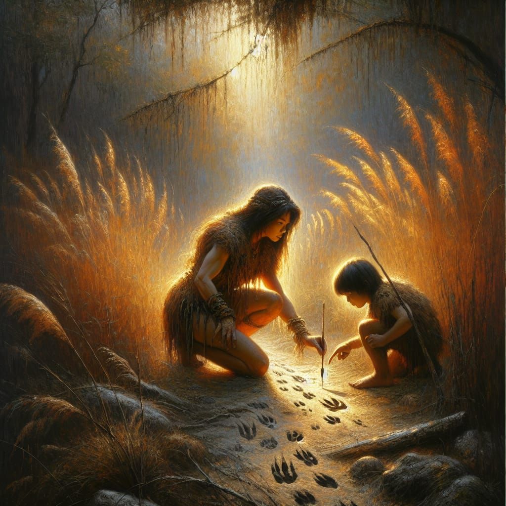 Serene Prehistoric Mother Teaches Survival Skills in a Monet...