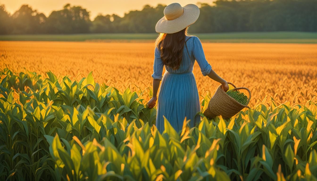 Impressionist Woman Harvesting Crops in Golden Light