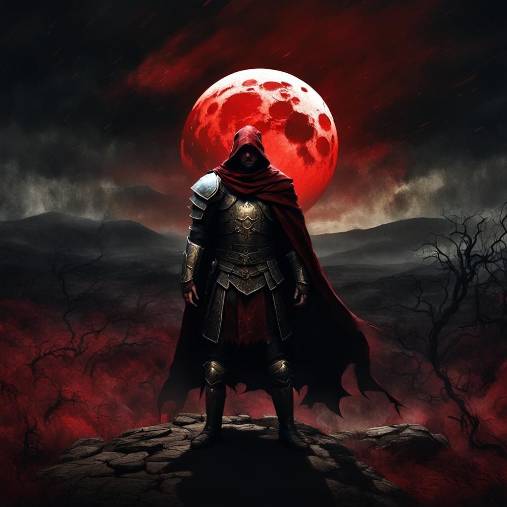 Warrior in Dark Fantasy Landscape with Red Moon