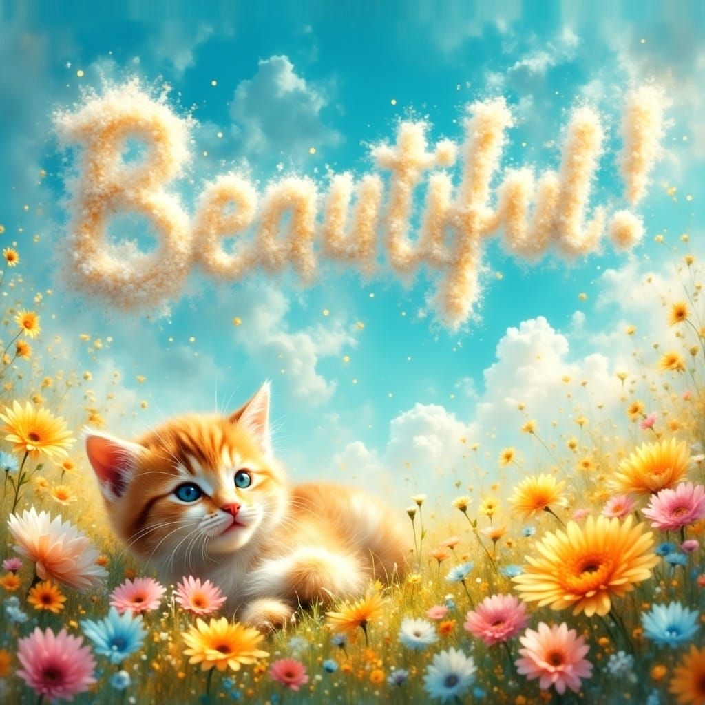 Whimsical Kitten in Vibrant Field of Flowers with Cloud Mess...