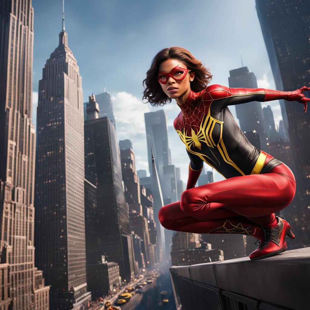 Spider-Woman in Red and Yellow Costume, NYC Backdrop
