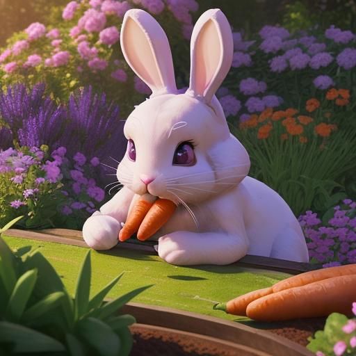 Cute Purple Bunny Eating Carrots in Cartoon Style