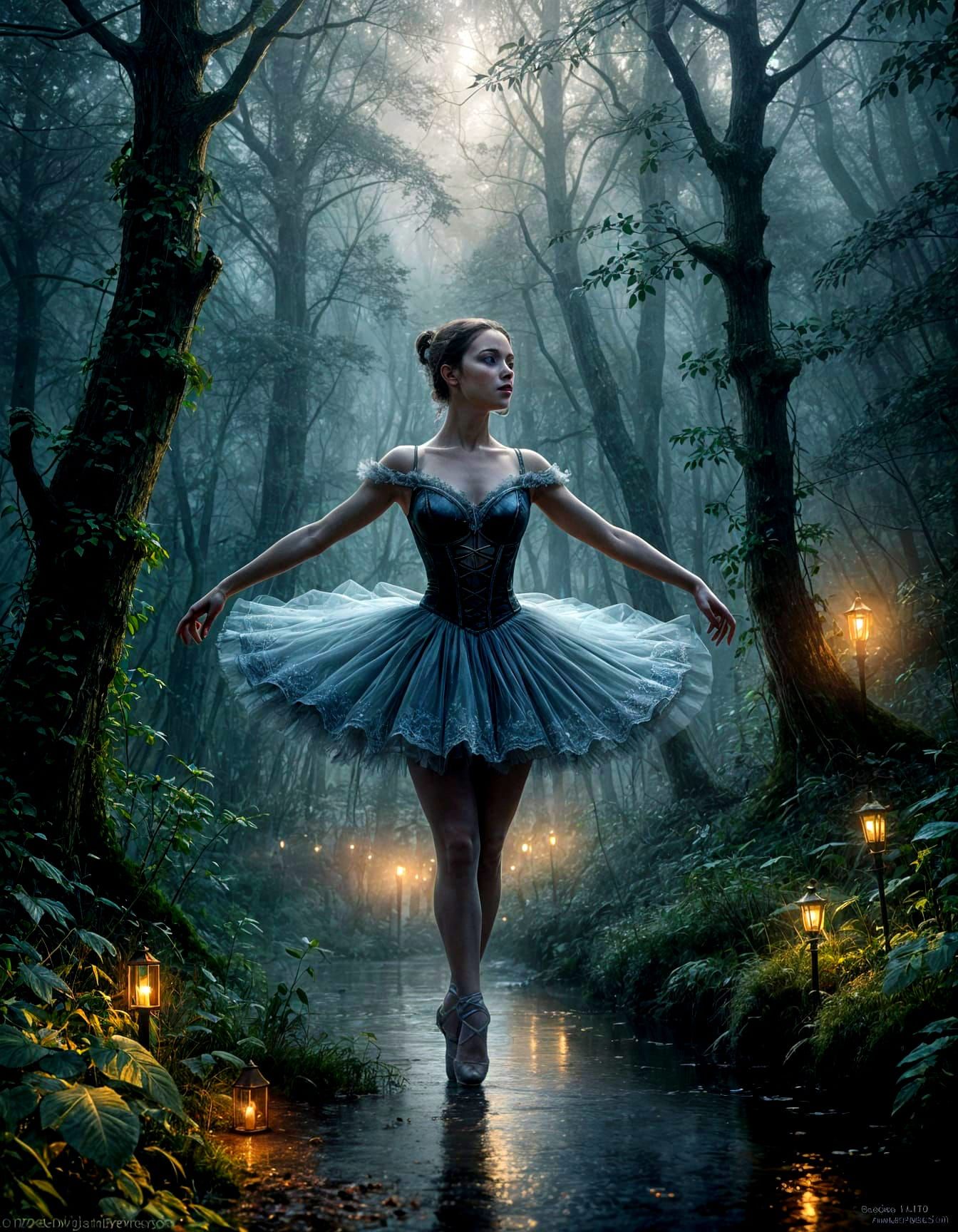 Gothic Ballerina in Ethereal Forest Light