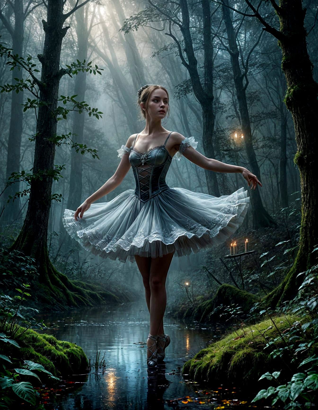 Gothic Ballerina in Ethereal Forest Light
