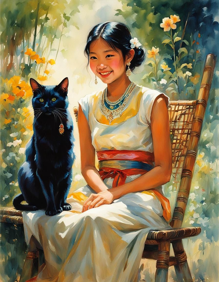 Cambodian Girl with Cat in Watercolor Style