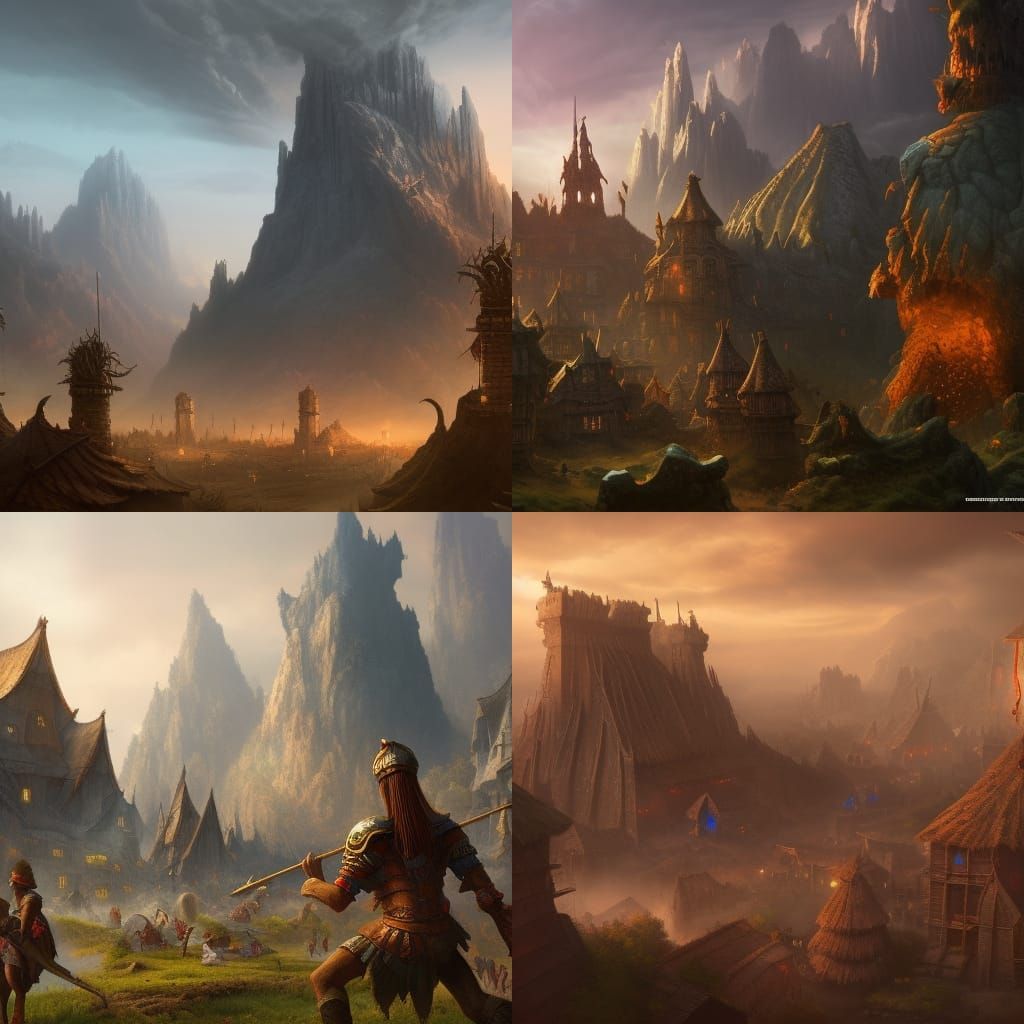 Giants Destroying Medieval Village: Fantasy Concept Art