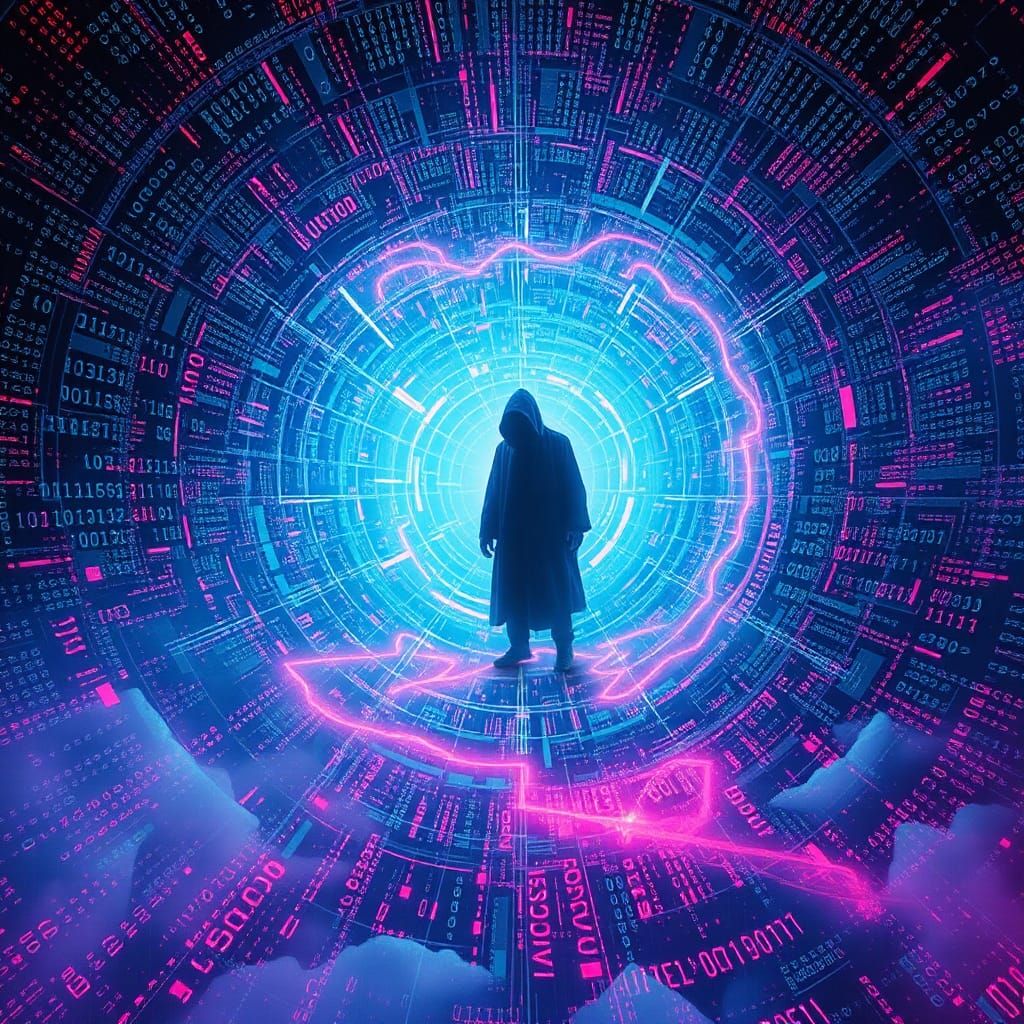 Surreal Digital Vortex with Shrouded Figure