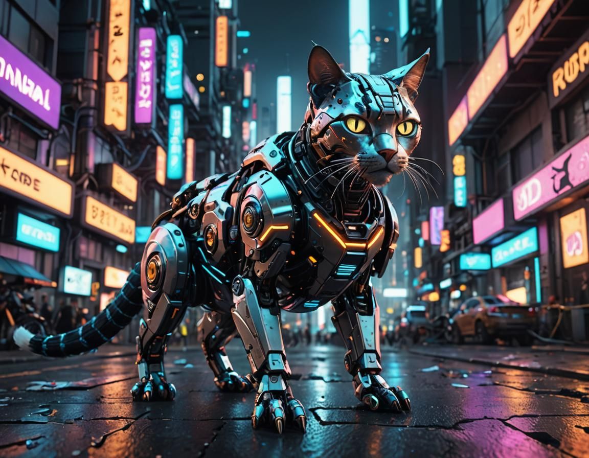 Robo-Cyborg Cat in Neon City, Cyberpunk Style