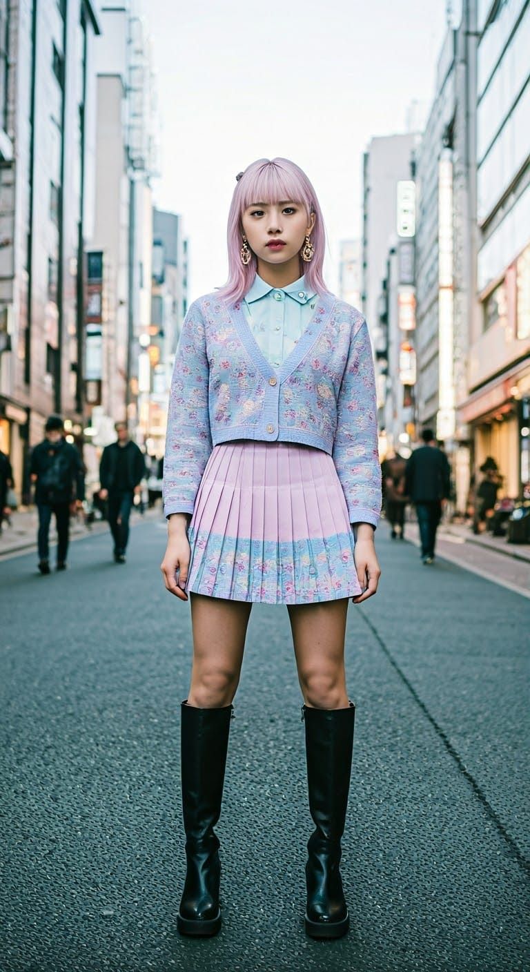 Japanese woman in Harajuku-style wear and knee-high boots