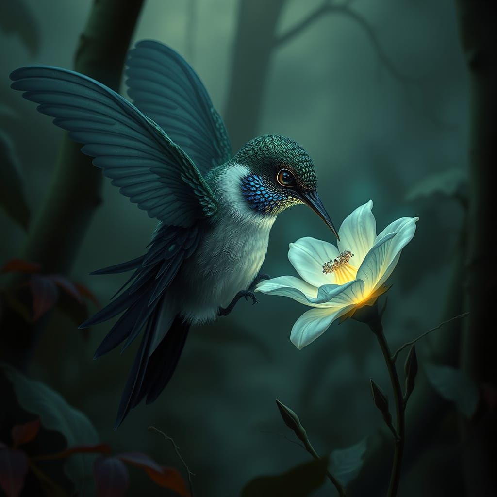 Ethereal Hummingbird in Gothic Fantasy Forest
