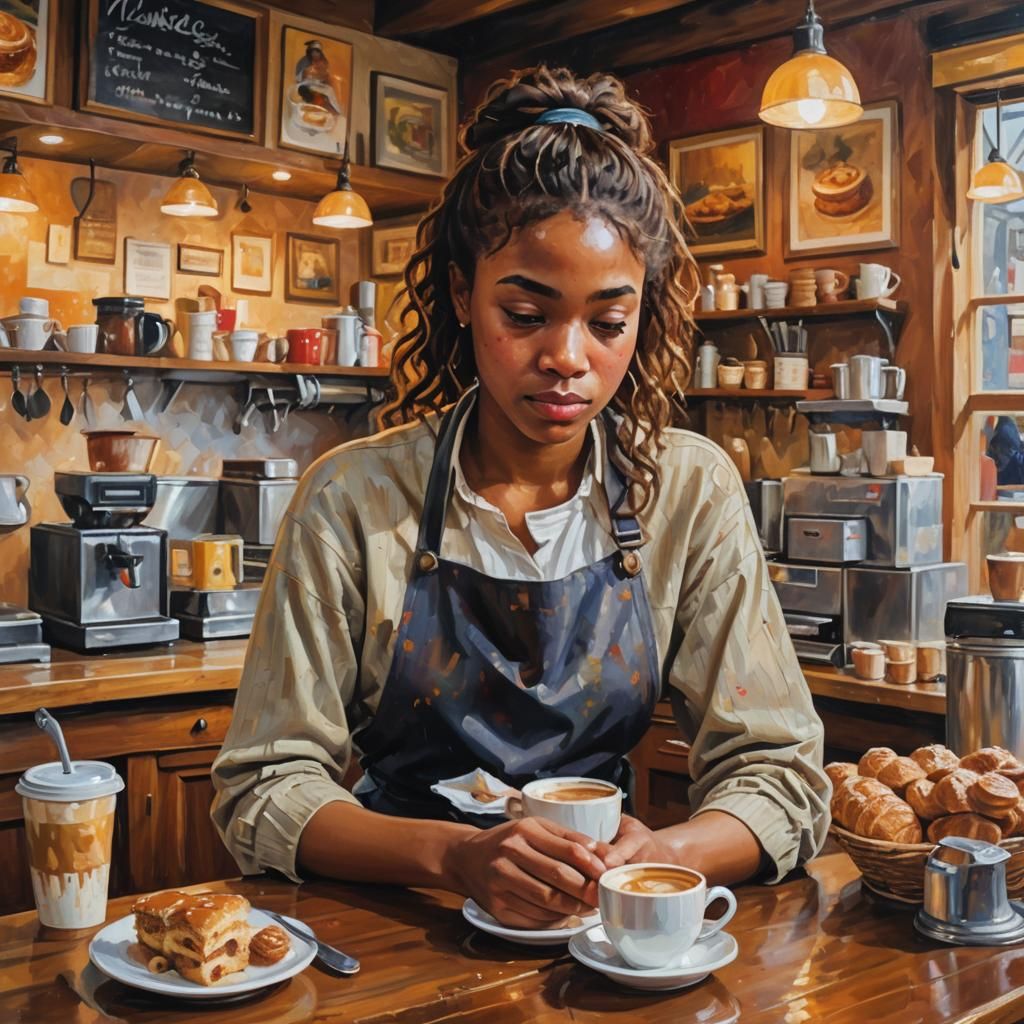 Coffee Shop Worker in Impressionist Oil Painting