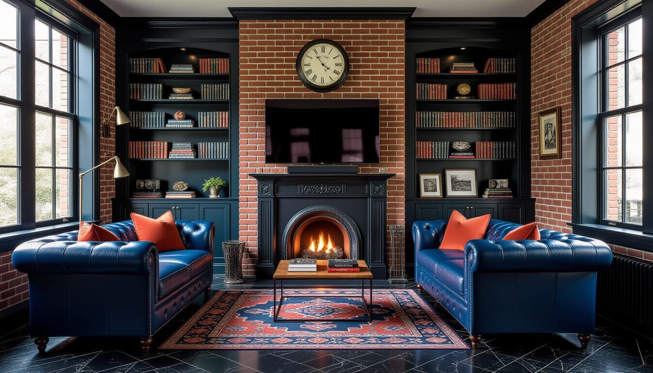 Victorian Living Room with Dark Blue and Brick Accents