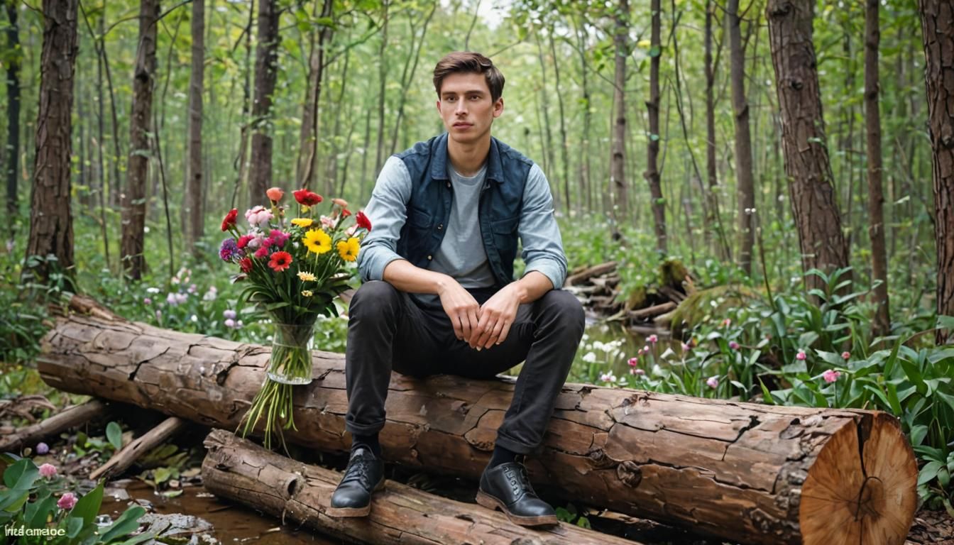 Young Man with Flowers in Cubist Style