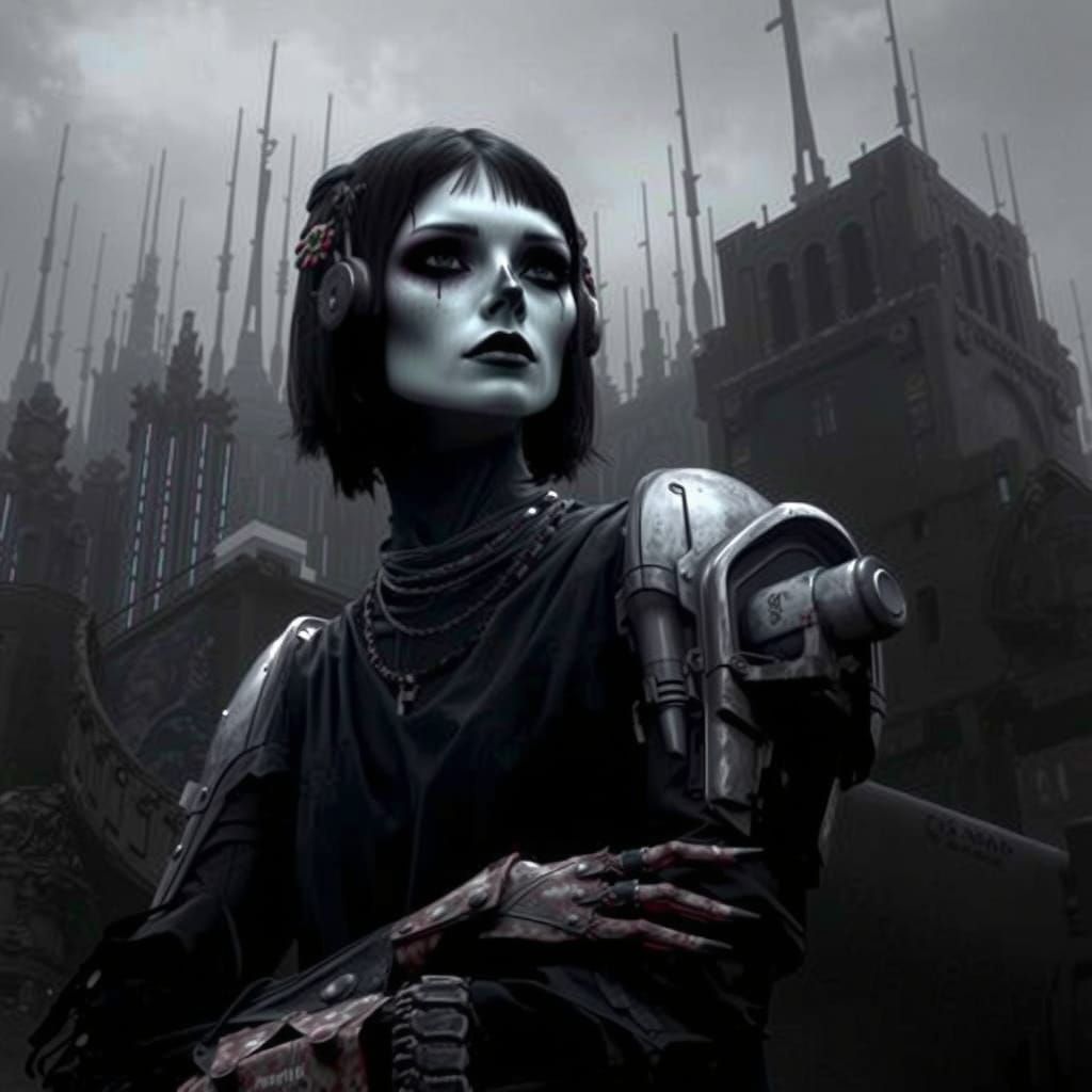 Goth Model Among Ancient Futuristic Limestone Towers