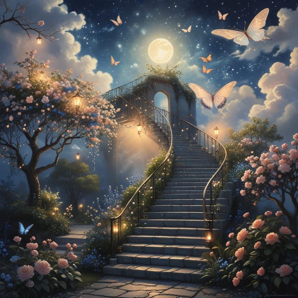 Ethereal Stairs Ascending to Mountain in Anime Realism