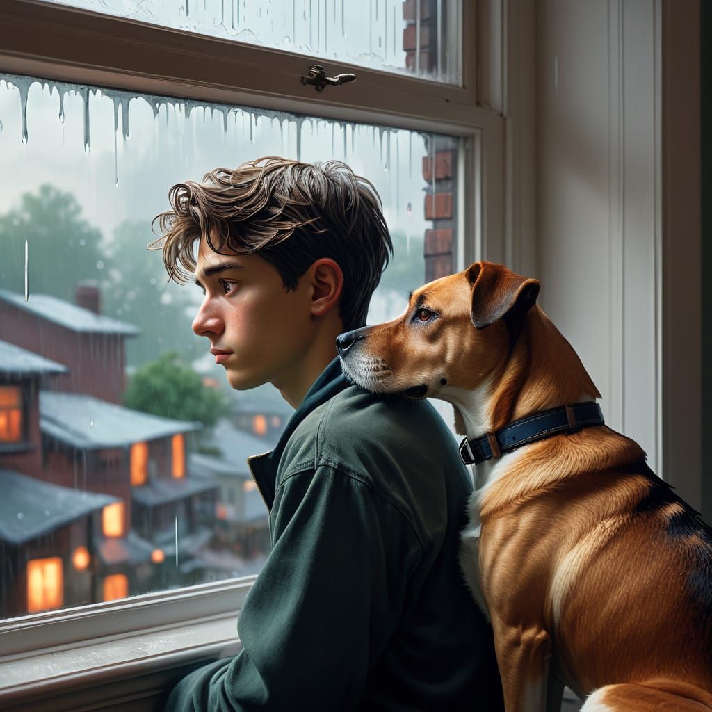 Boy and Dog Share Cozy Moment by Rainy Window