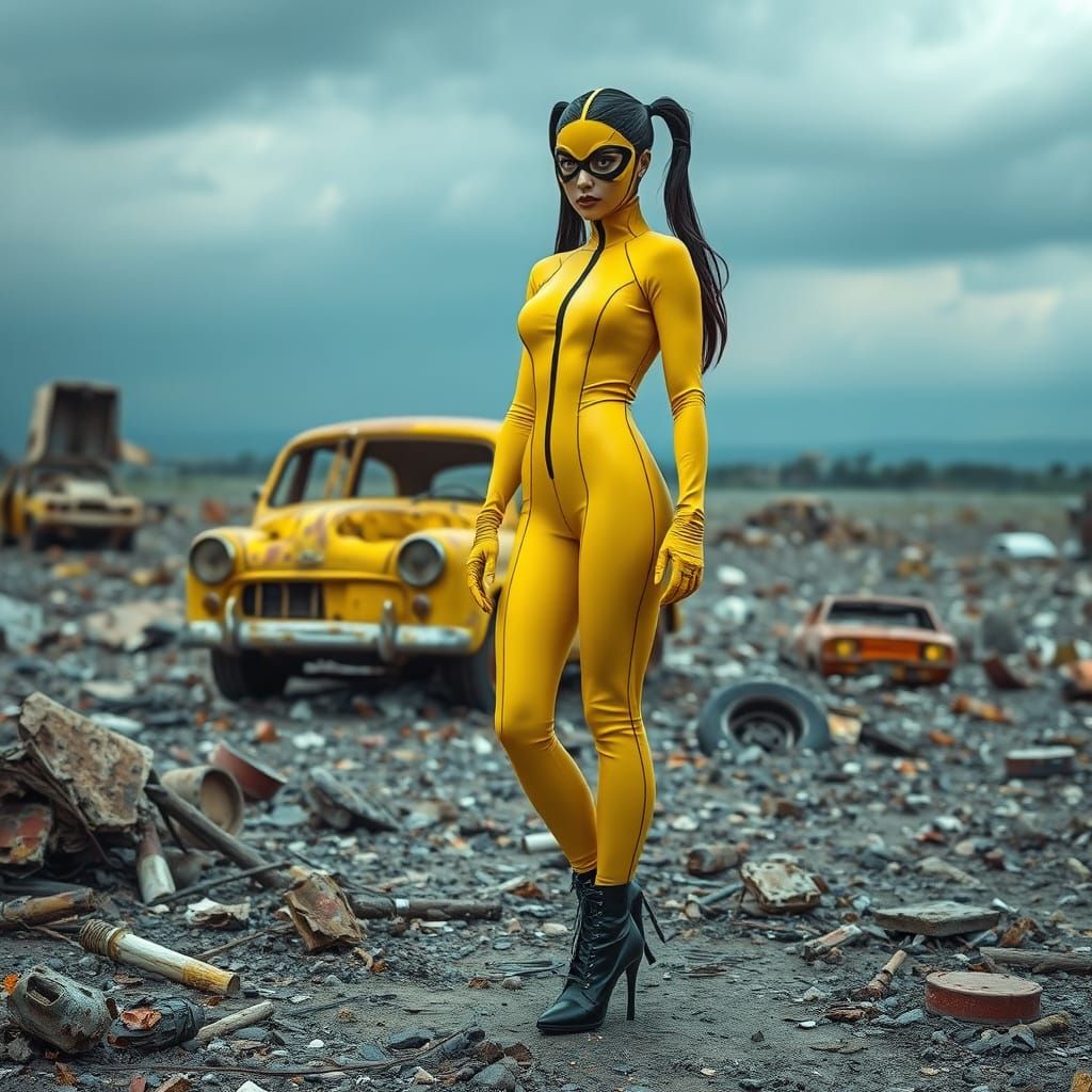 Post-Apocalyptic Woman in Yellow Latex Catsuit