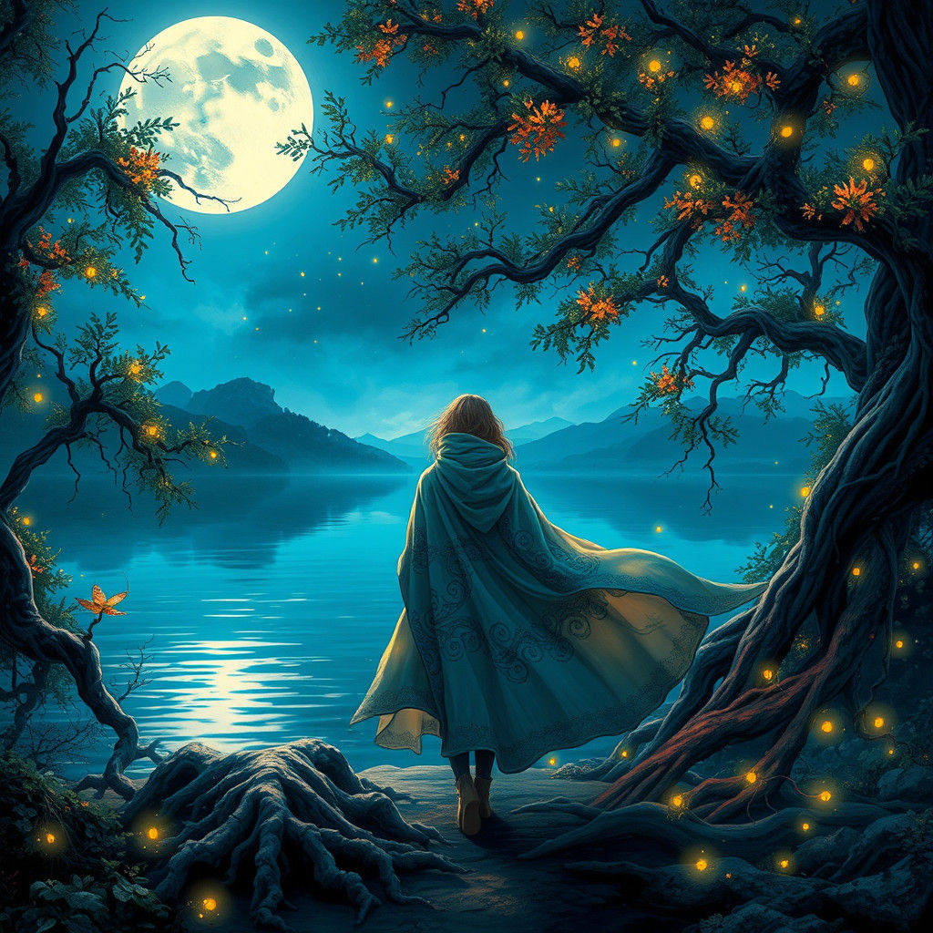 Mystical Wanderer at Moonlit Lake