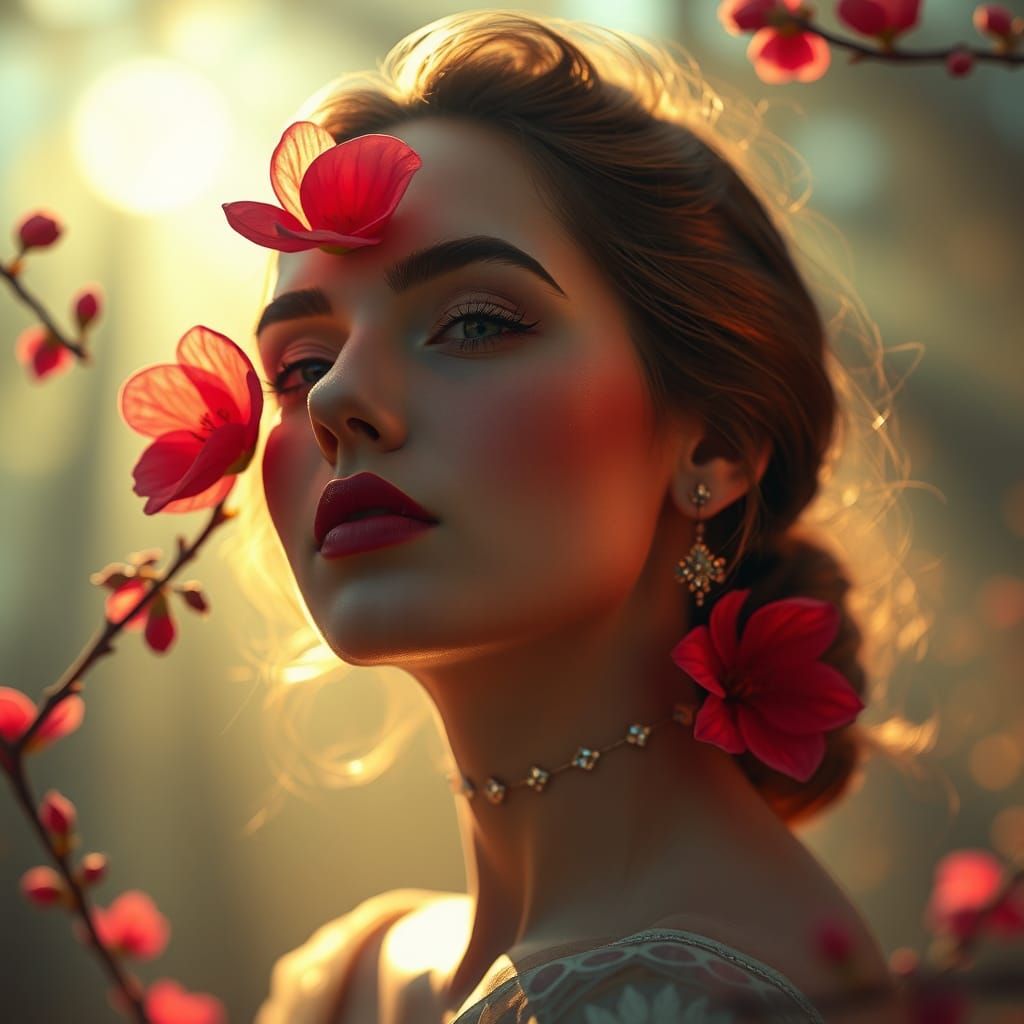 Elegant Woman Portrait in Divine Synthwave Atmosphere