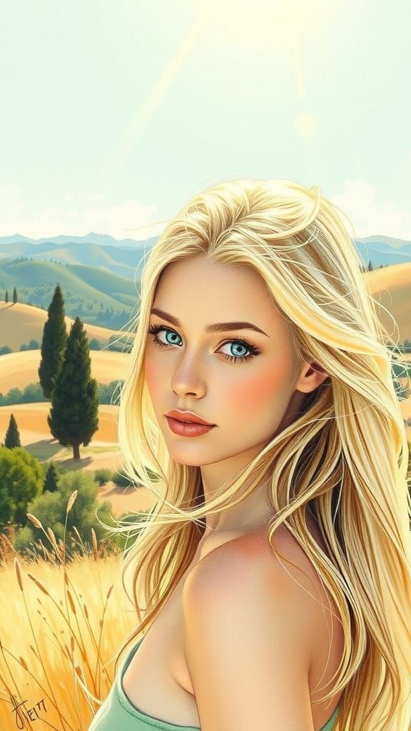 Woman in Serene Landscape, Whimsical Pencil Sketch