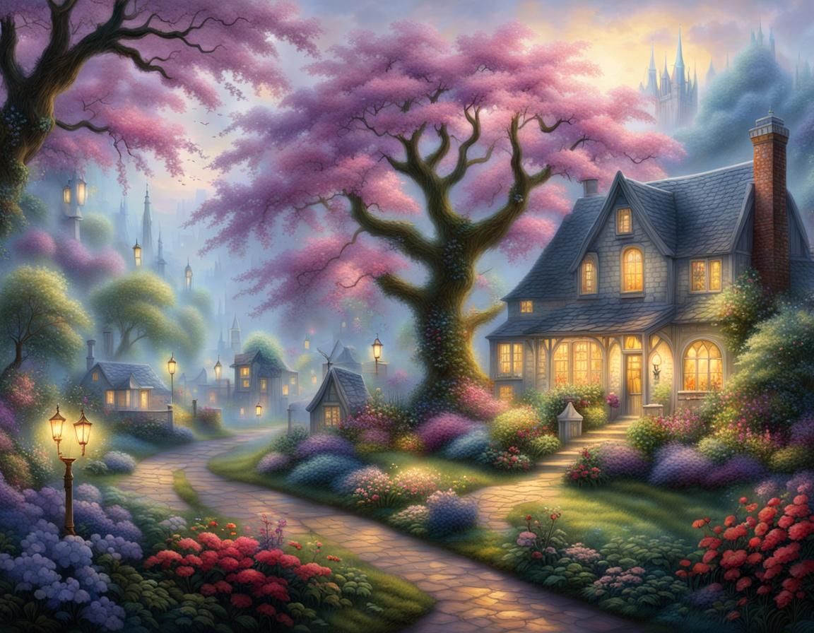 Ethereal Luminescent Village on Cherry Tree in Garden