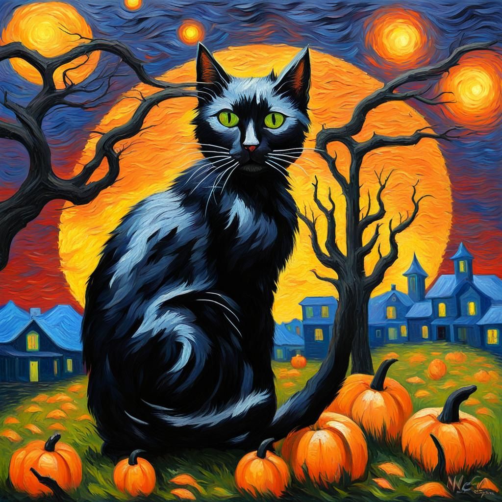 Black Cat on Halloween in Van Gogh Style
