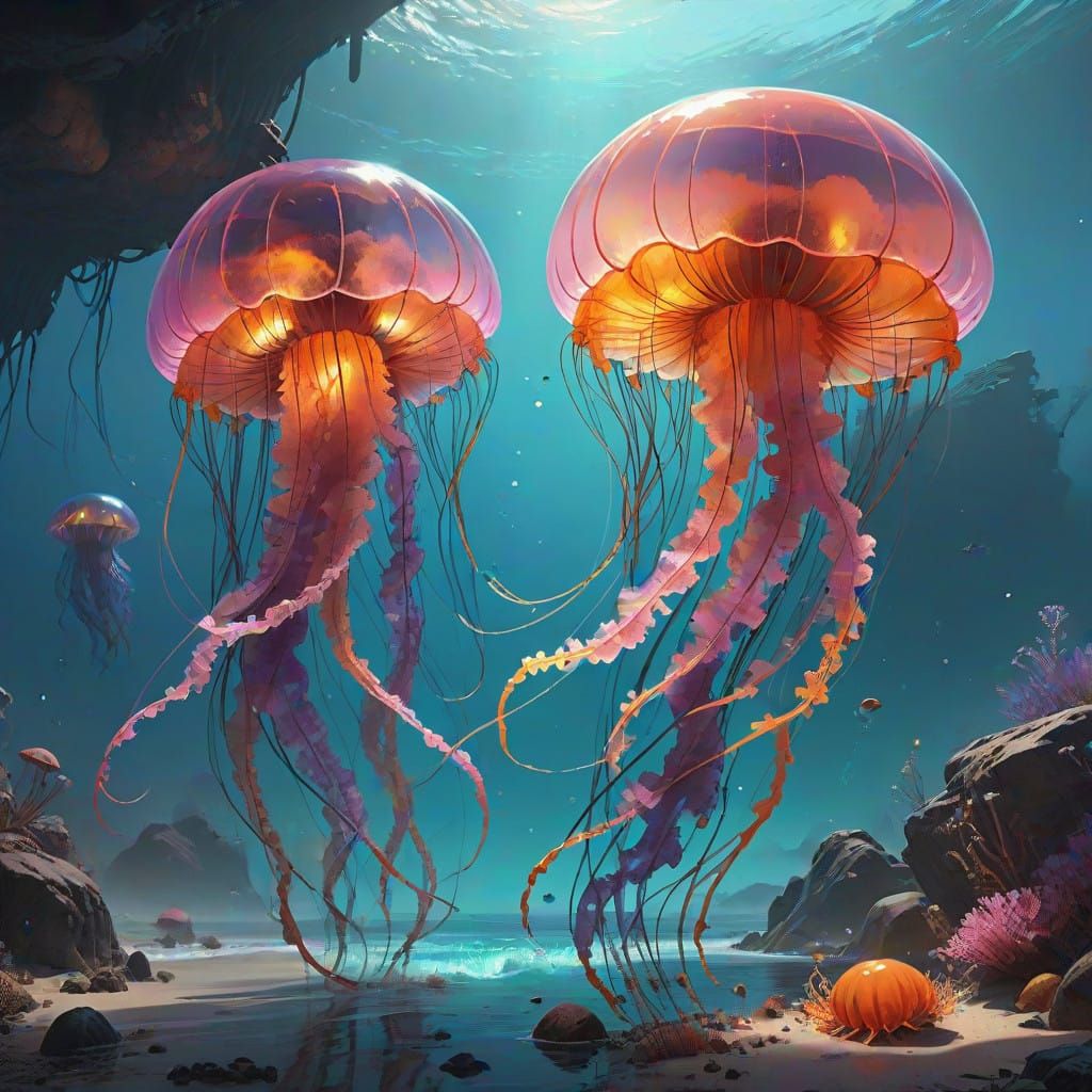 Surreal Jellyfish Scene in Vibrant, Ethereal Colors