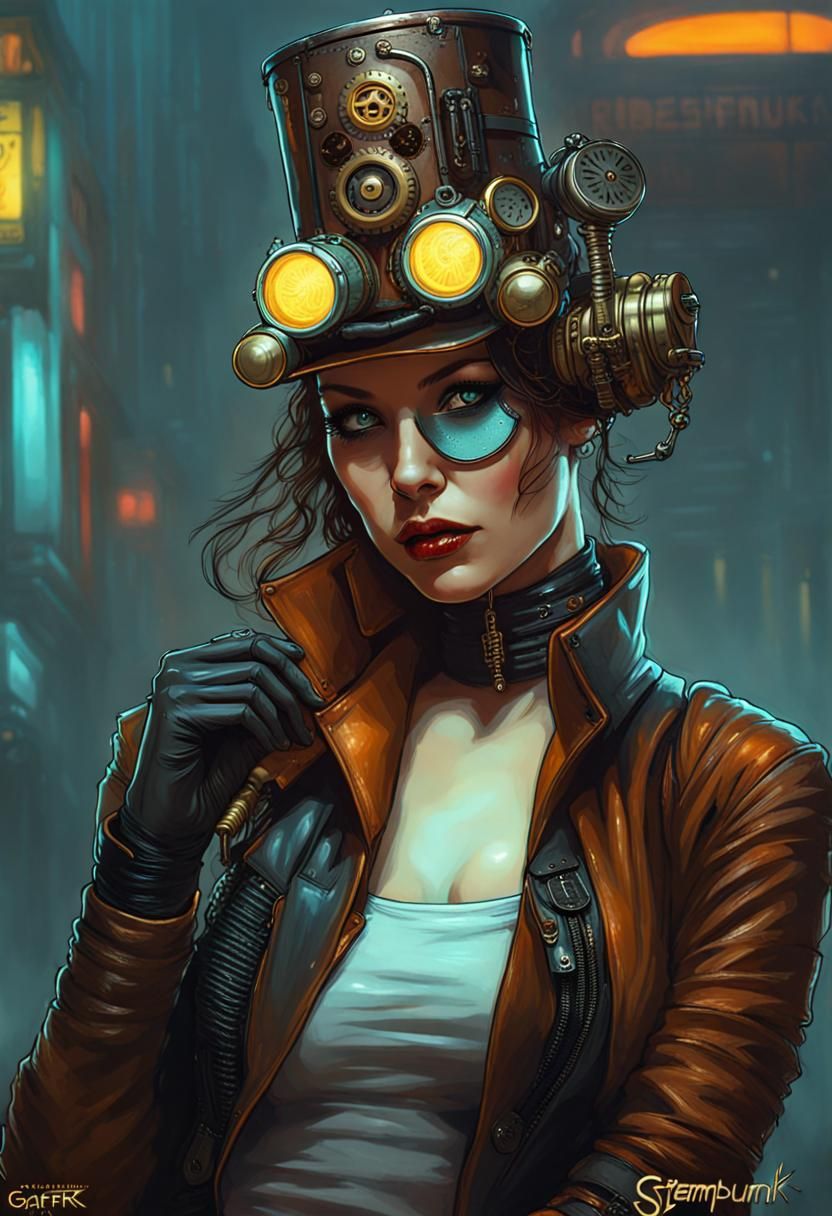 Steampunk Woman in Cyberpunk Neon Style
