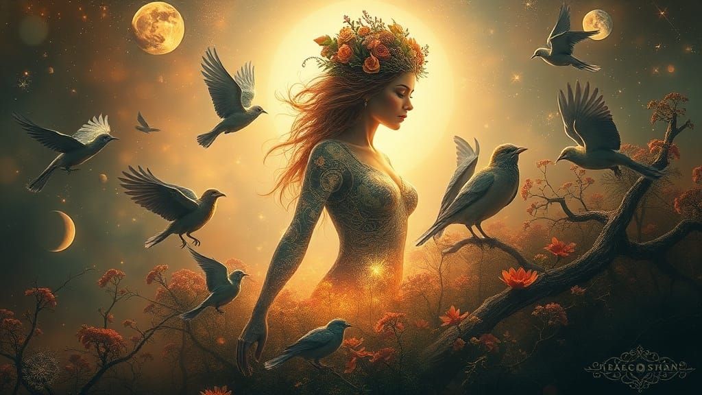 Ethereal Woman With Birds, Nature's Embrace