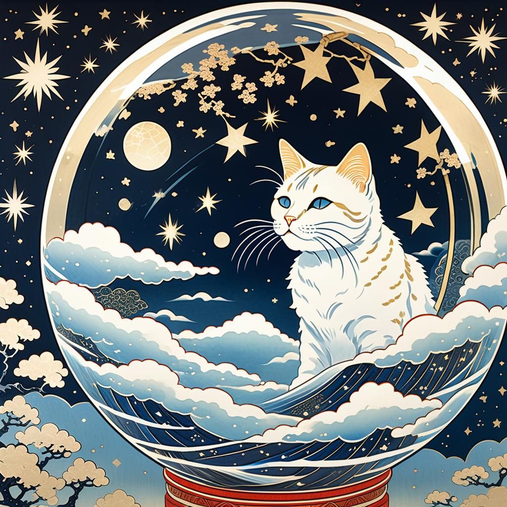 Ukiyo-e Woodblock Print of Cat in Globe