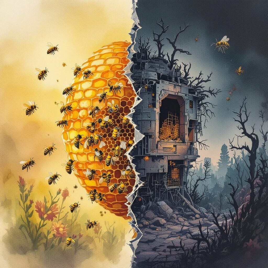 Beehive Split: Watercolor Life Meets Decay Collage