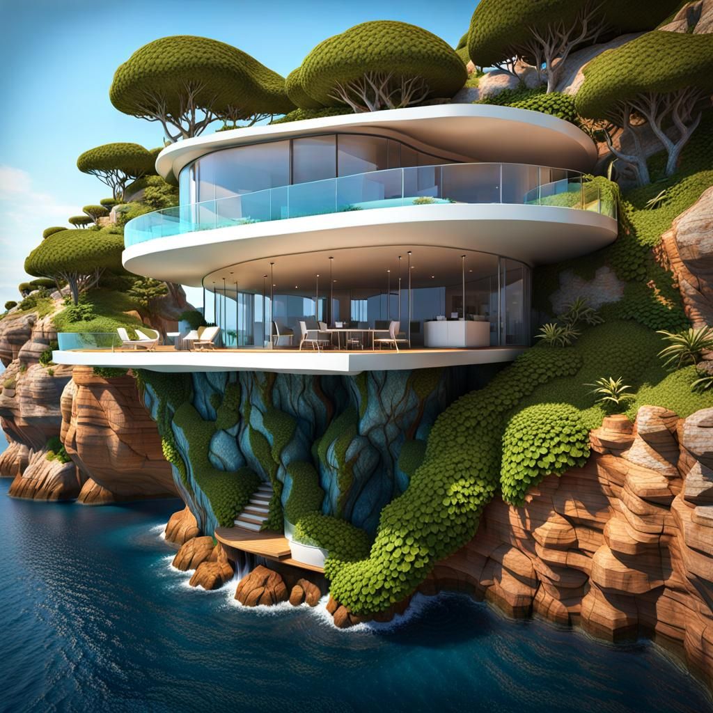 Surreal Leaf House on Ocean Cliff in 3D
