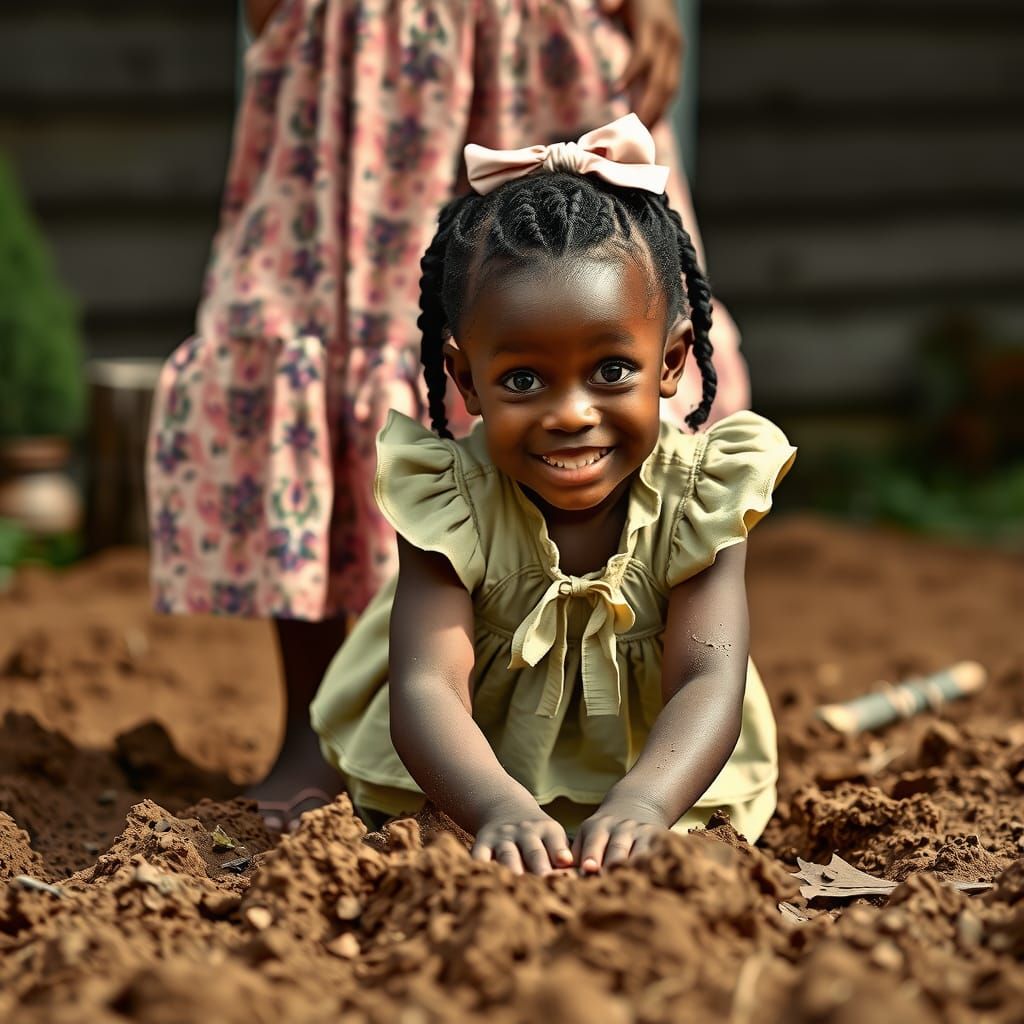 Happy Black Girl Making Mud Pies in 1960s