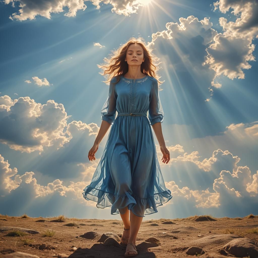Woman in Blue Dress Bathed in Divine Light