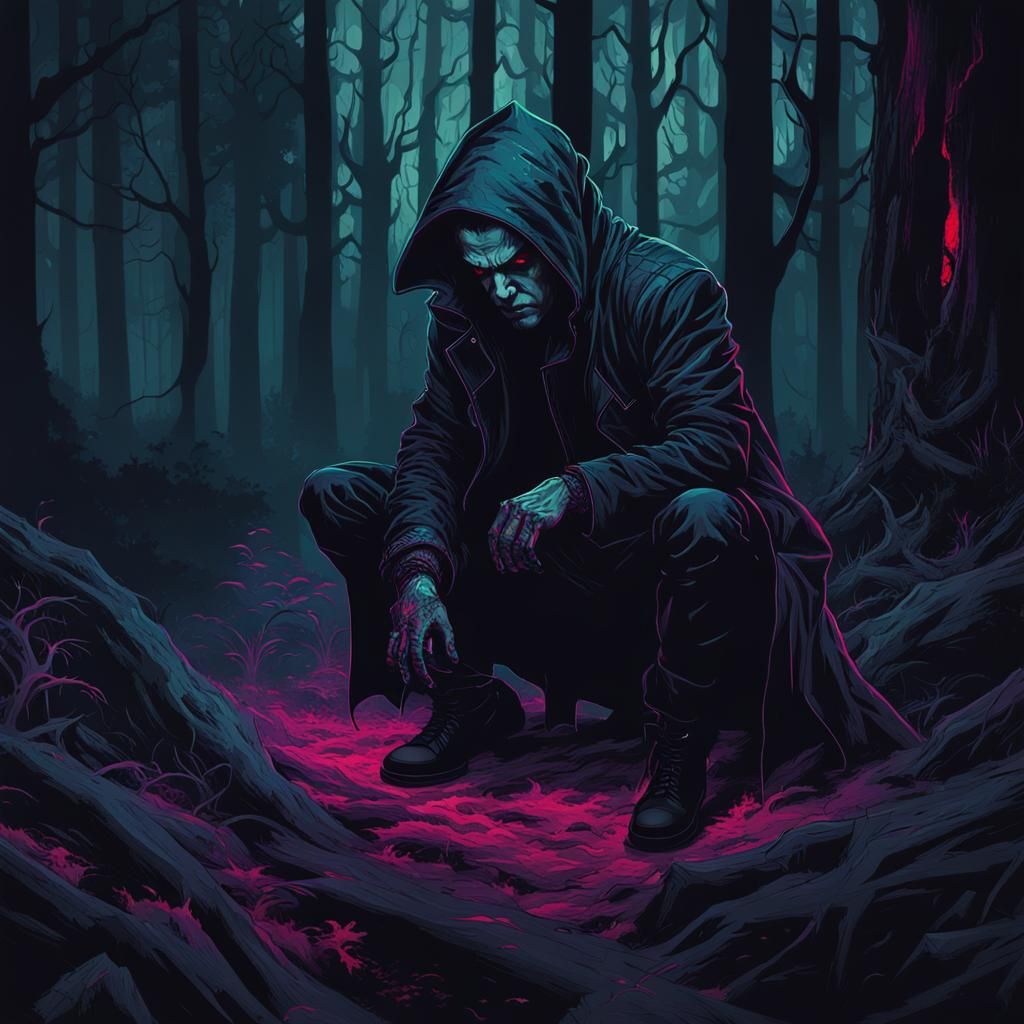 Vampire in Woods: Dark Synthwave Abstract Art