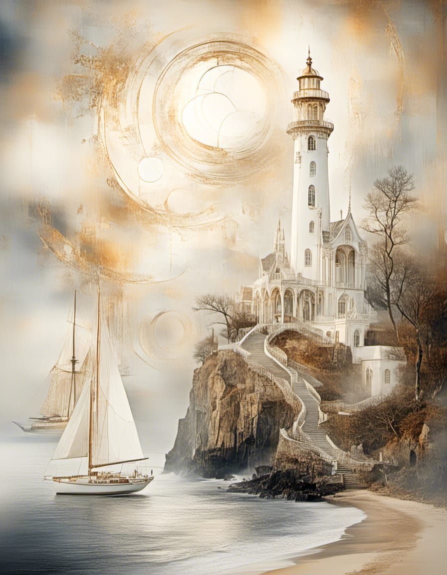Ethereal Lighthouse Overlooking Gothic Seascape