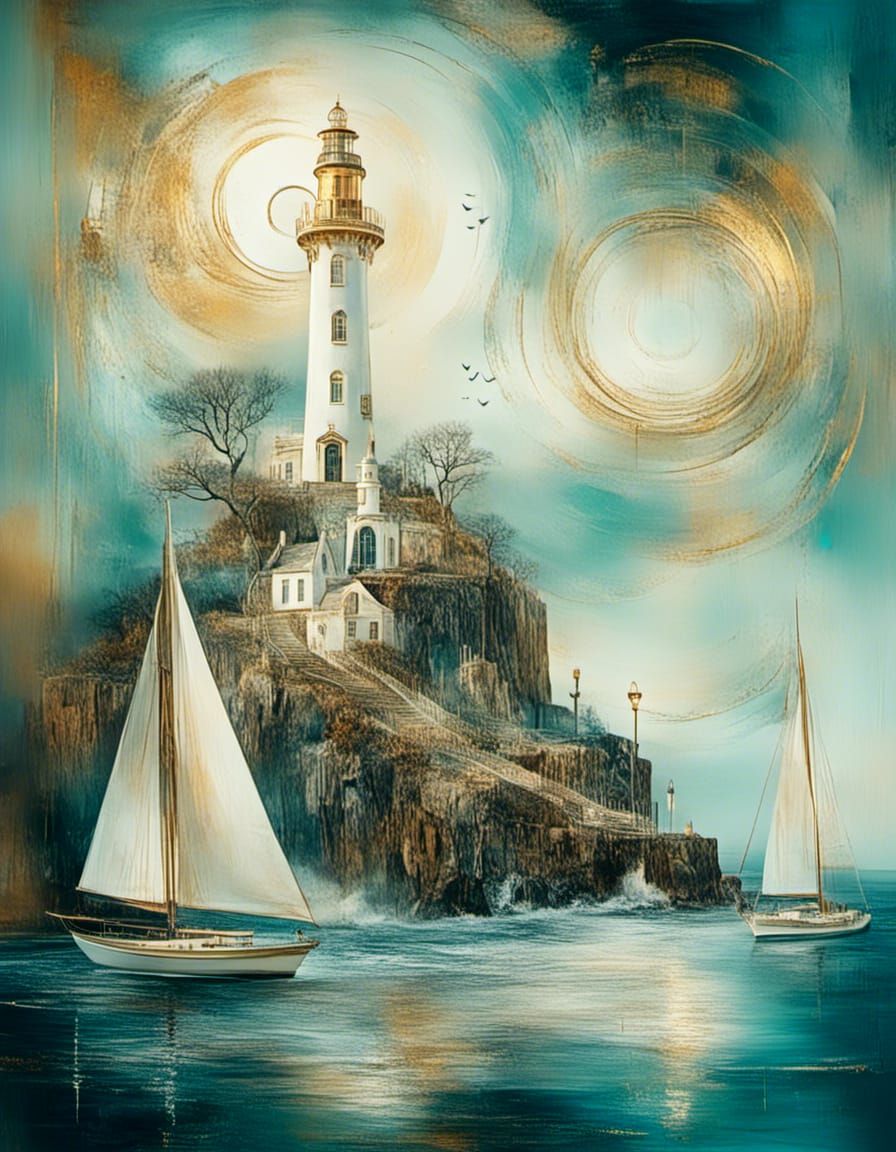 Surrealist Lighthouse Oil Painting with Sailboats