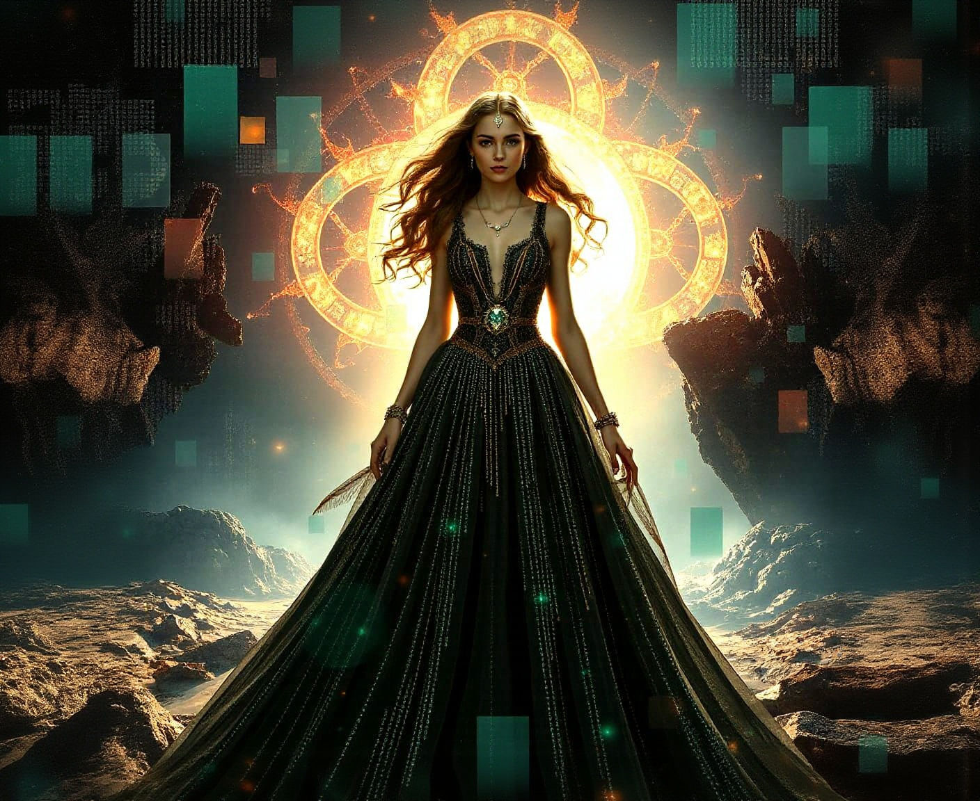 Digital Enchantress Before Portal, Binary Gown, Circuit Jewe...