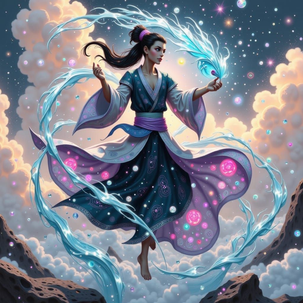 Dynamic Cultivator Performing Martial Arts in Dreamlike Sett...