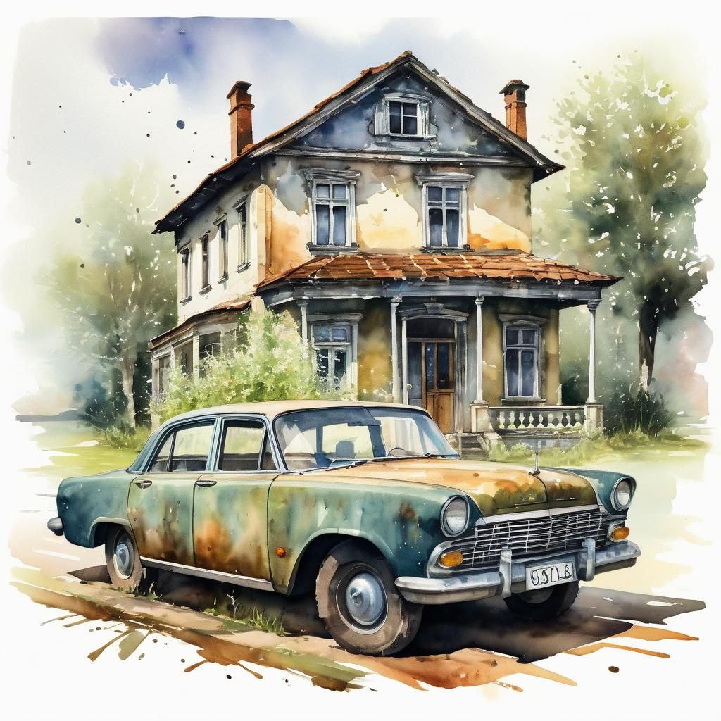 Old car and house