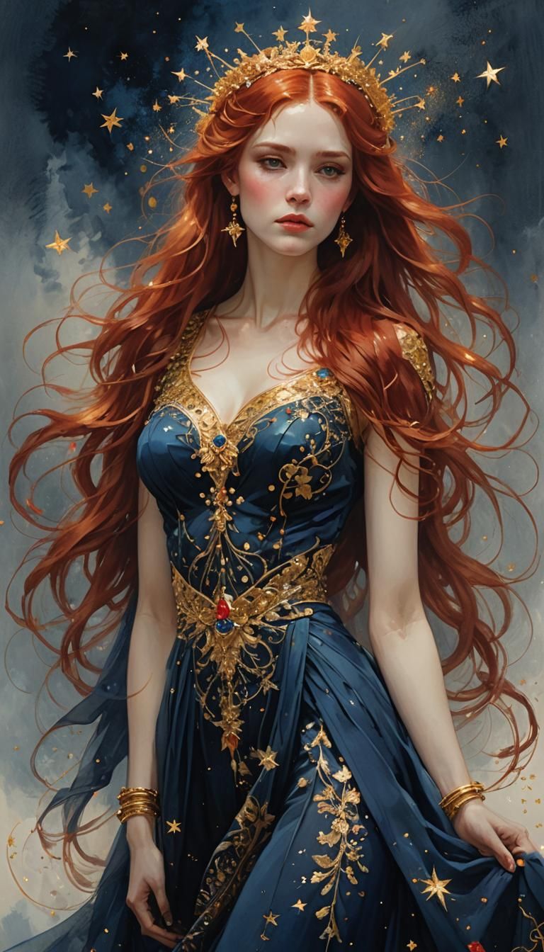 Enchanting Woman with Red Hair and Golden Stars